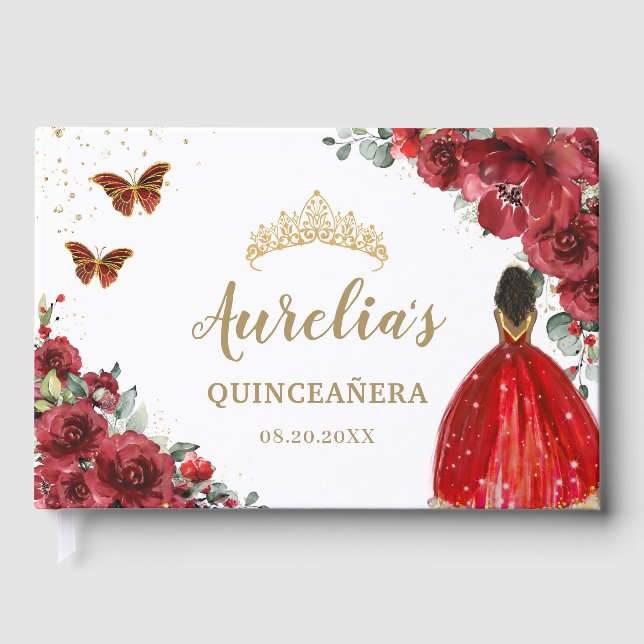 Libro De Visitas ROSAS florales rojos QUINCEAÑERA Vestido Princesa  (Anverso)