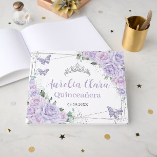 Libro De Visitas Rosas Lila Púrpura Mariposas Florales Quinceañera