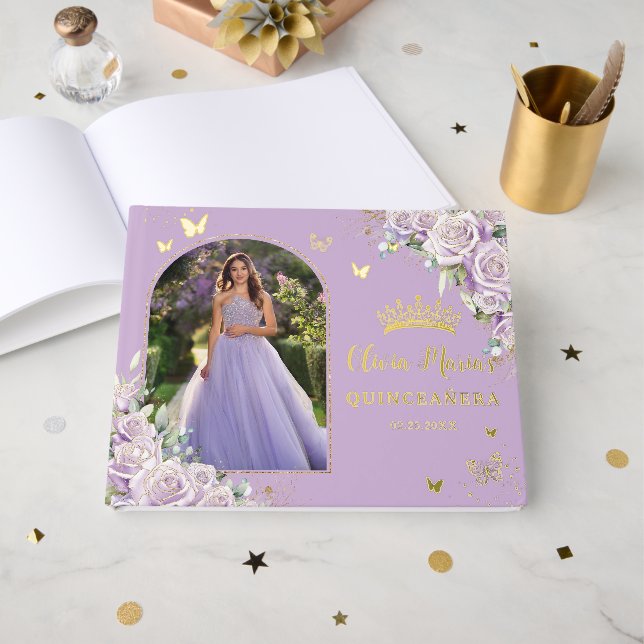 Libro De Visitas Rosas Lilac Morado Oro Floral Quinceañera Foto (Anverso Abierto)
