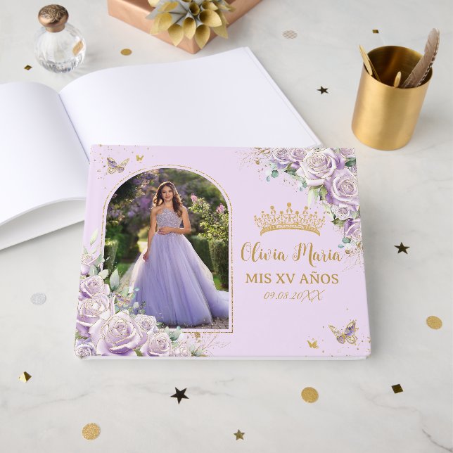 Libro De Visitas Rosas Lilac Morado Oro Floral Quinceañera Foto (Anverso Abierto)