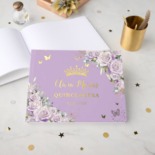 Libro De Visitas Rosas morados de Lilac Floral Gold 15 XV Quinceañe