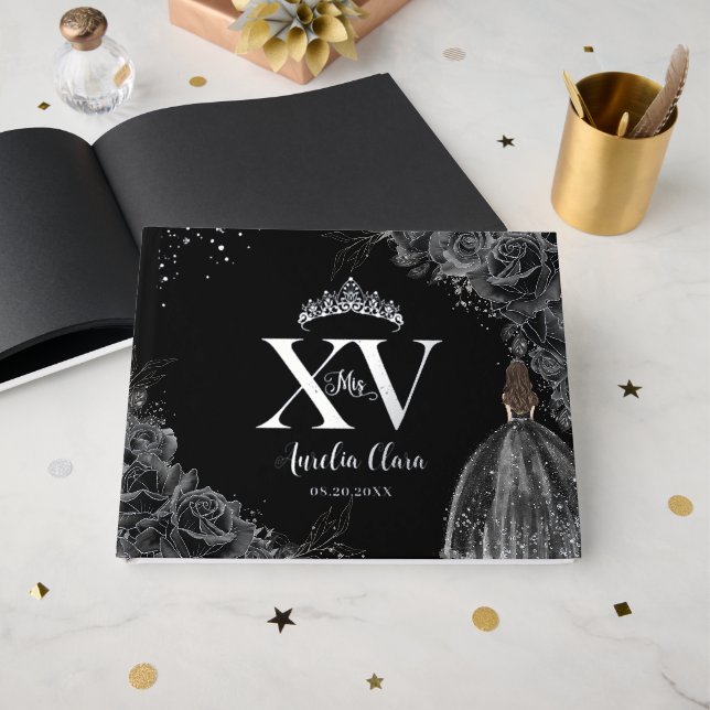 Libro De Visitas Rosas negros Chica floral vestido Plata Quinceañer (Anverso Abierto)