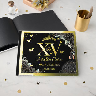 Libro De Visitas Rosas negros Floral Quinceañera Quince XV Gold