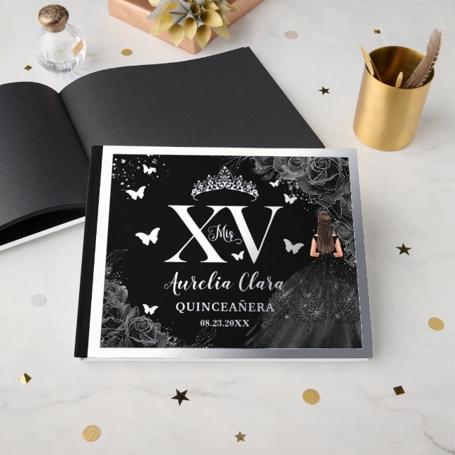 Libro De Visitas Rosas negros Floral Quinceañera Quince XV Plata (Anverso Abierto)