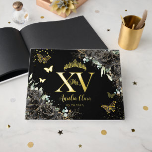 Libro De Visitas Rosas negros Flores Mariposas Oro Quinceañera
