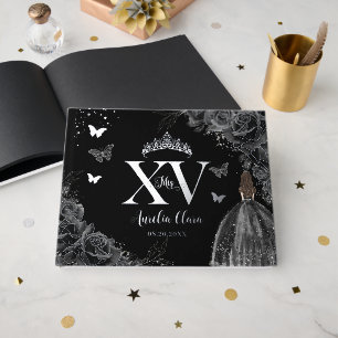 Libro De Visitas Rosas negros Mariposas Florales Quinceañera Plata