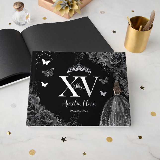 Libro De Visitas Rosas negros Mariposas Florales Quinceañera Plata (Anverso Abierto)