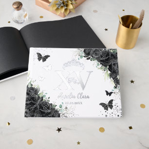 Libro De Visitas Rosas negros Mariposas Florales Quinceañera Plata