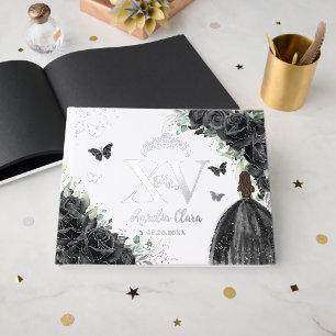 Libro De Visitas Rosas negros vestidos con mariposas Plata Quinceañ