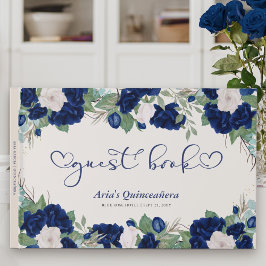 Libro De Visitas Rosas reales en azul con caligrafía elegante