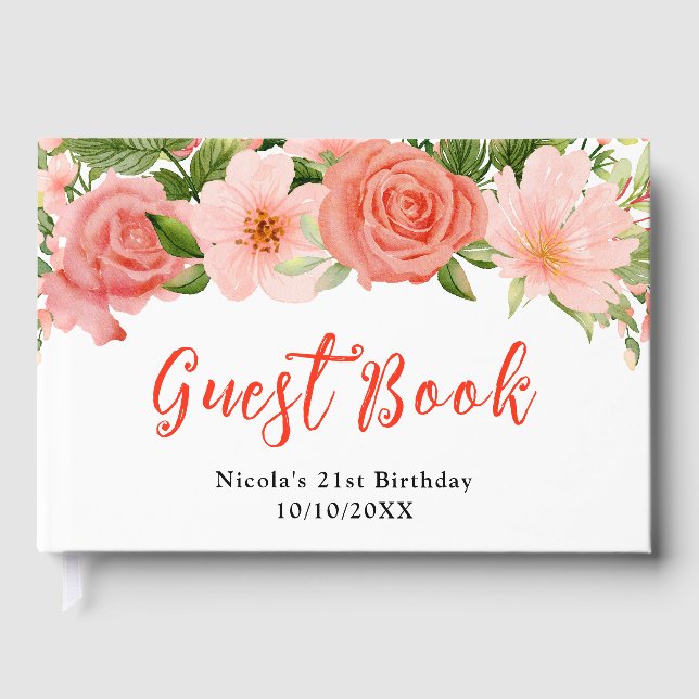 Libro De Visitas Rosas Rojas Coral con Cumpleaños de Follaje (Anverso)