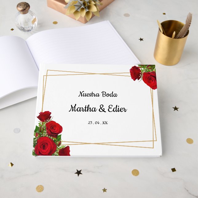 Libro De Visitas Rosas Rojas Elegantes Bodas Tradicionales Española (Anverso Abierto)