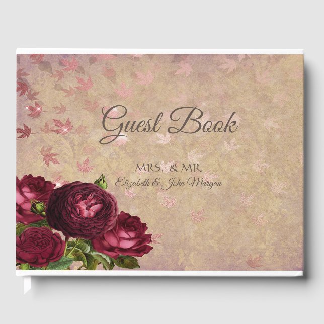 Libro De Visitas Rosas Rojas Elegantes Caídas De Hojas Boda (Anverso)