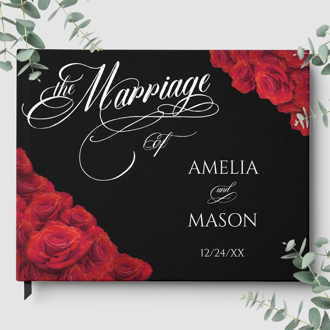 Libro De Visitas Rosas Rojas Fotografía Caligrafía Script Bodas Neg (Red Roses Photo Calligraphy Script Black Wedding Guest Book Front)