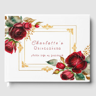 Libro De Visitas Rosas Rojas Hermosas con Filigrana de Oro Quinceañ