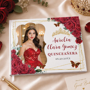 Libro De Visitas Rosas Rojas Mariposas Florales QUINCEAÑERA 16 Foto
