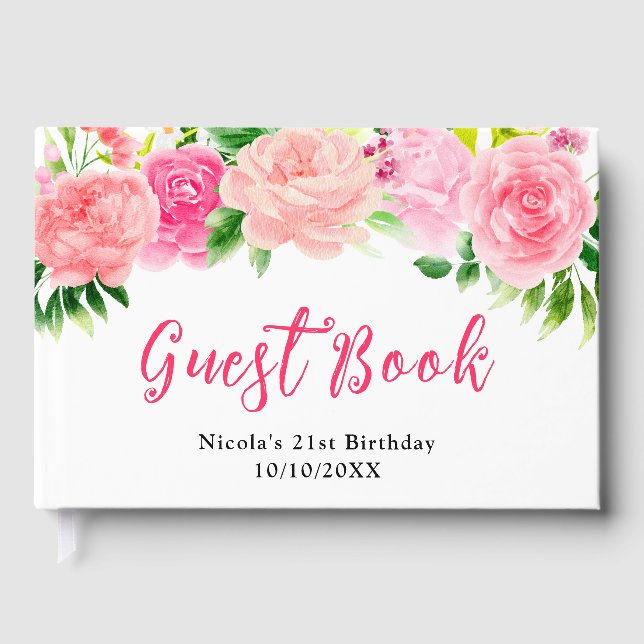 Libro De Visitas Rosas rosadas con cumpleaños de follaje (Anverso)