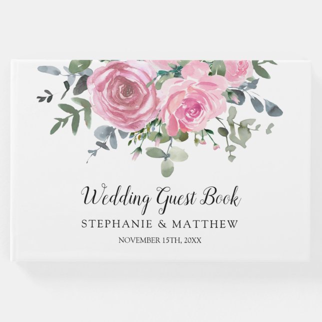 Libro De Visitas Rosas rosadas polvorientas Eucalipto Boda botánico (Anverso)