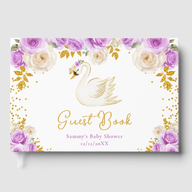 Libro De Visitas Rosas Swan Purple y Gold Baby Shower (Anverso)