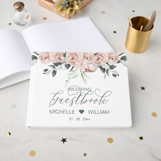 Libro De Visitas Rosas turbios Eucalyptus Boda de guión elegante (Anverso Abierto)