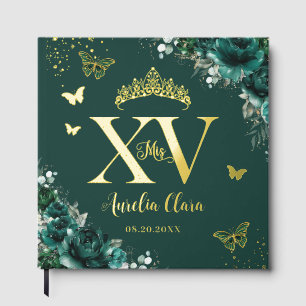 Libro De Visitas Rosas verdes esmeraldas mariposas Gold Quinceañera