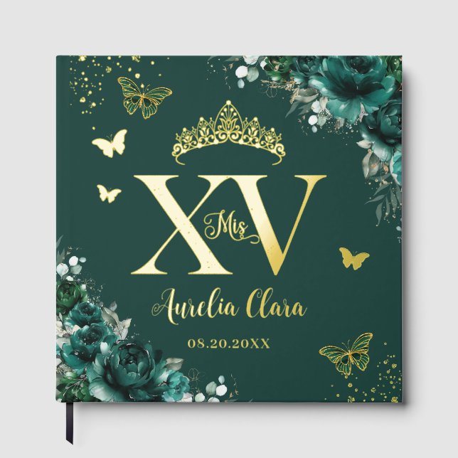 Libro De Visitas Rosas verdes esmeraldas mariposas Gold Quinceañera (Anverso)