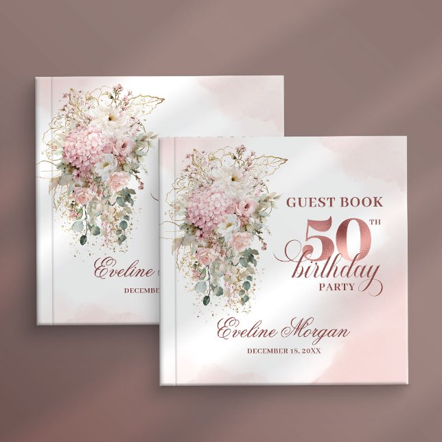 Libro De Visitas Rose Gold Blush Floral 50th Birthday Guest Book (Rose gold floral 50th birthday,
dusty pink blush gold glitter,
opulent Soft pastel   pink flowers, 
)