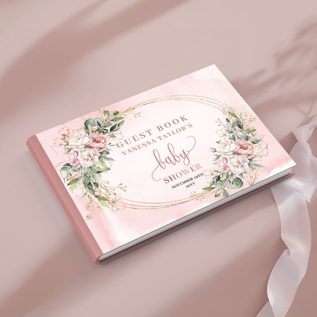 Libro De Visitas Rose Gold Flowers Greenery Baby Girl Shower Sign (Rose Gold Flowers Greenery Baby Girl Shower Guest Book)