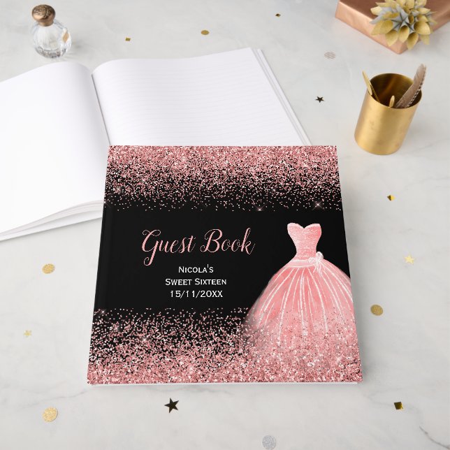 Libro De Visitas Rose Pink Dress Faux Glitter Sweet 16  (Anverso Abierto)
