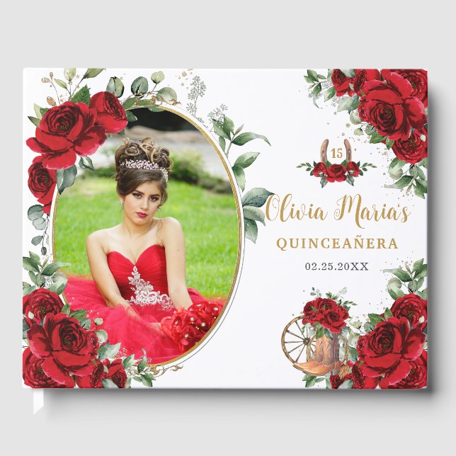 Libro De Visitas Roses Rojas Floral Charro Boots Quinceanera Foto (Anverso)