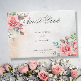 Libro De Visitas Roses rosadas y caligrafía de color acuático román