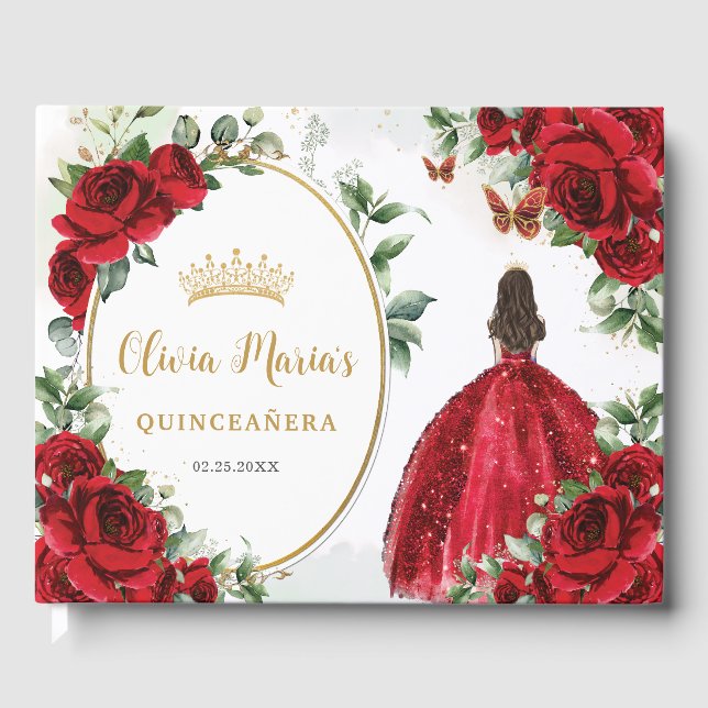 Libro De Visitas Roses Roses Rojos Floral Princesa Vestido Oro Quin (Anverso)
