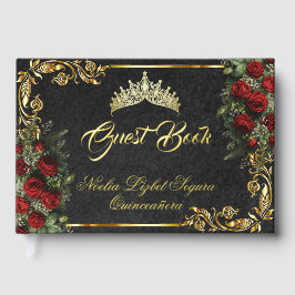 Libro De Visitas Roses, Tiara & Gold Leaves - Black