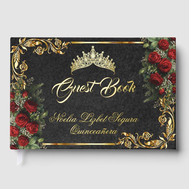 Libro De Visitas Roses, Tiara & Gold Leaves - Black (Anverso)