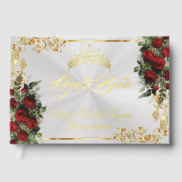 Libro De Visitas Roses, Tiara & Gold Leaves - Pearl White