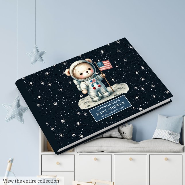 Libro De Visitas Rótulo Baby Shower de astronauta de osito espacial (Space Teddy Bear Astronaut Boy Baby Shower Sign In)