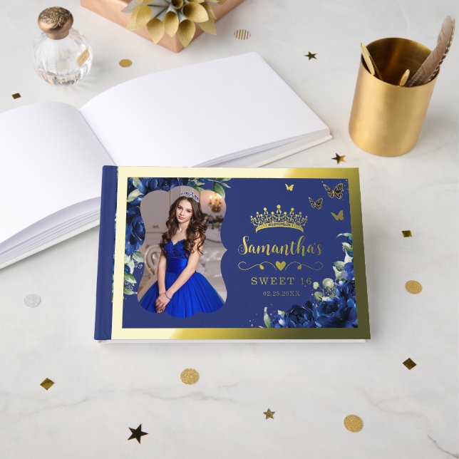 Libro De Visitas Royal Blue Floral Dulces 16 Dieciséis Cumpleaños F (Anverso Abierto)