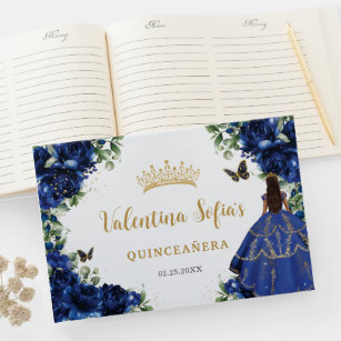 Libro De Visitas Royal Blue Floral Gold Princess Vestido Quinceaner