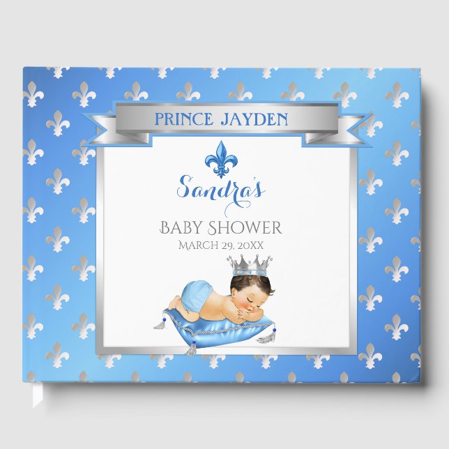 Libro De Visitas Royal Prince Blue Silver Baby Boy Fleur Pillow (Anverso)