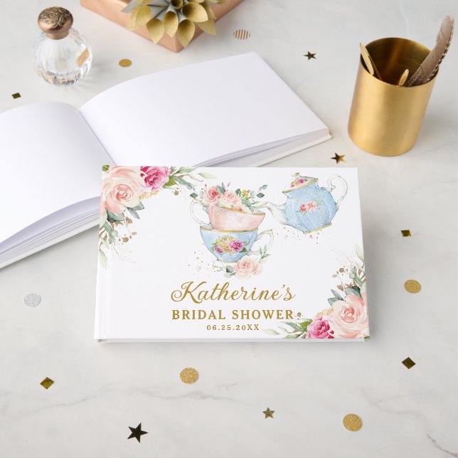 Libro De Visitas Rubor Floral Fiesta de té Baby Bridal Shower Cumpl (Anverso Abierto)