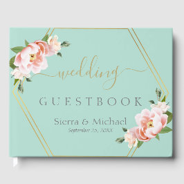 Libro De Visitas Rubor Floral Gold Geométrico Mint Green Boda