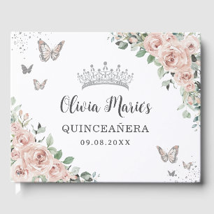 Libro De Visitas Rubor Pink Floral Butterflies Silver Quinceañera