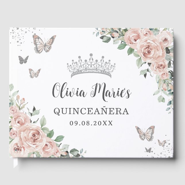 Libro De Visitas Rubor Pink Floral Butterflies Silver Quinceañera (Anverso)