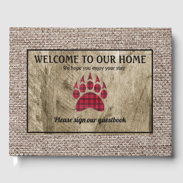 Libro De Visitas Ruido de madera Burlap Red Buffalo Tapado Paw de o (Anverso)