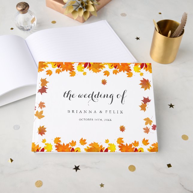 Libro De Visitas Rustic Autumn Leaves Wedding (Anverso Abierto)