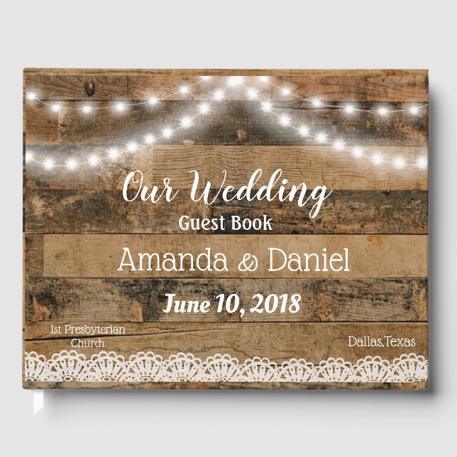 Libro De Visitas Rustic Barn Wood Luces Lace Boda (Anverso)