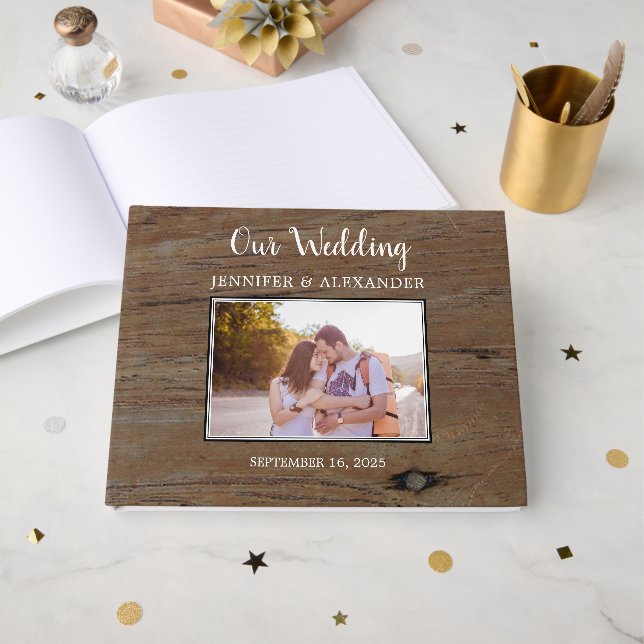 Libro De Visitas Rustic barn wood pattern photo couple wedding (Anverso Abierto)