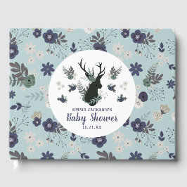 Libro De Visitas Rustic Deer Head Blue Floral Moderno Baby Shower