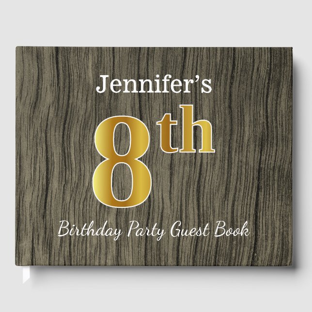 Libro De Visitas Rustic, Faux Gold 8Cumpleaños Party + Custom Name (Anverso)