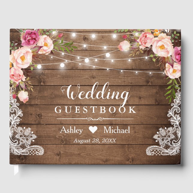 Libro De Visitas Rustic Floral String Lights Lace Boda (Anverso)
